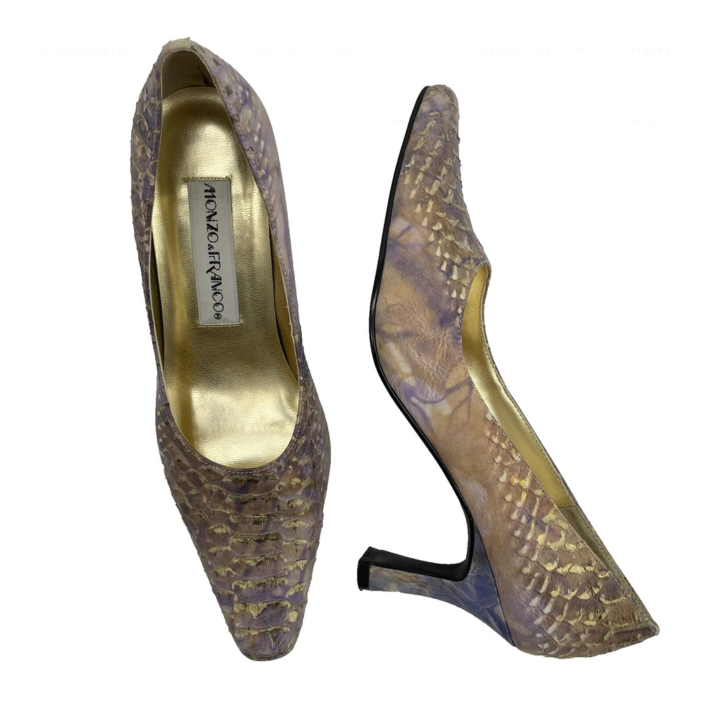 Monzo & Franco Size 6.5Embossed Leather High Heels Purple Watercolor Slip‎ On